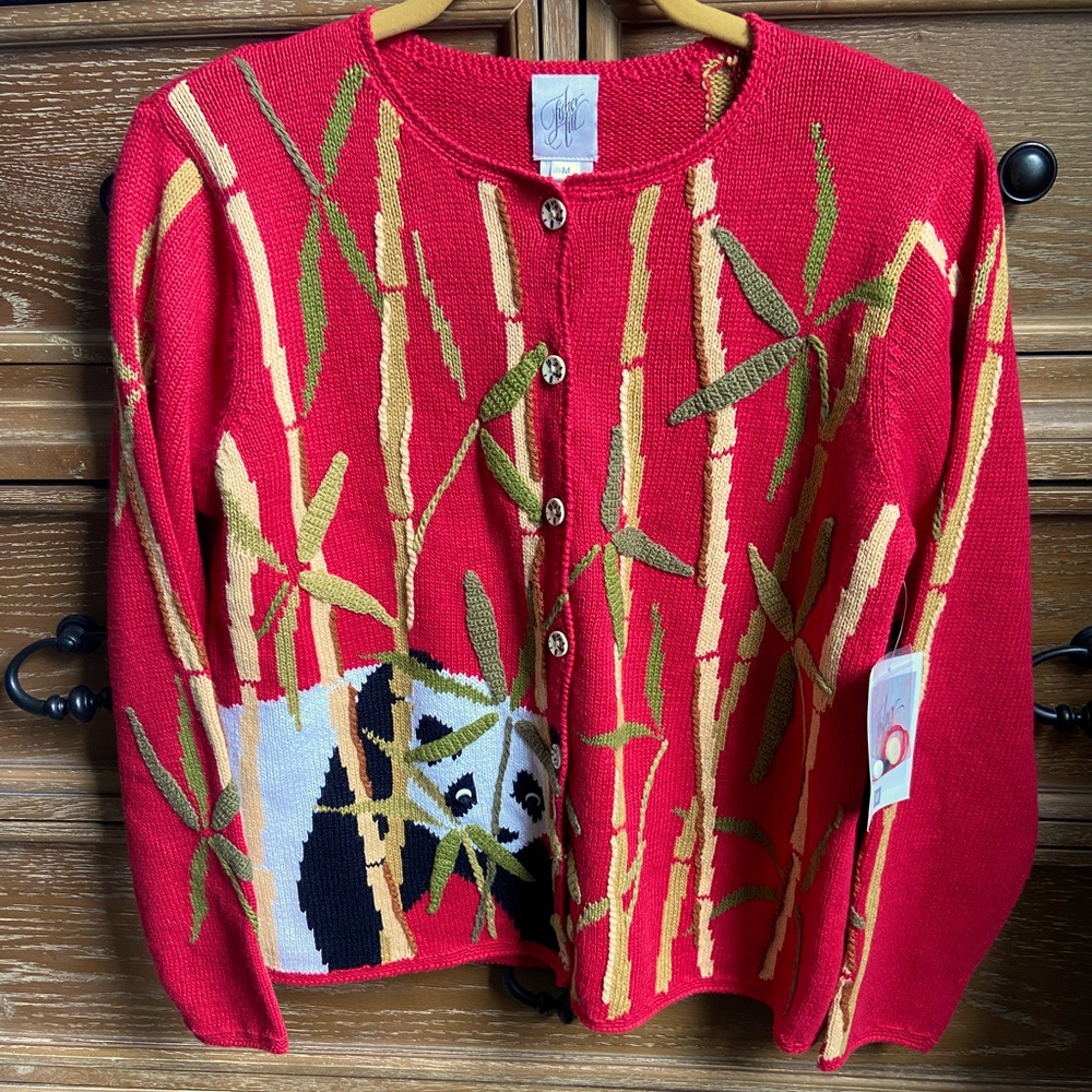 FISHER HILL Cardigan Sweater, Panda in Bamboo Forest, Size Medium, NWT